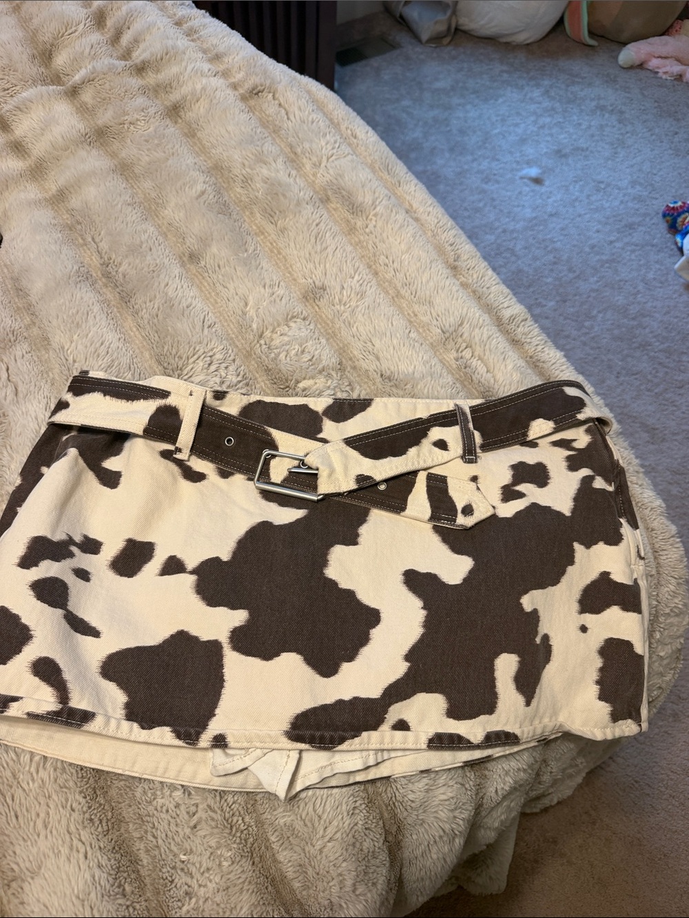 Abercrombie Cow Print Mini Skort with Belt - Cream and Brown